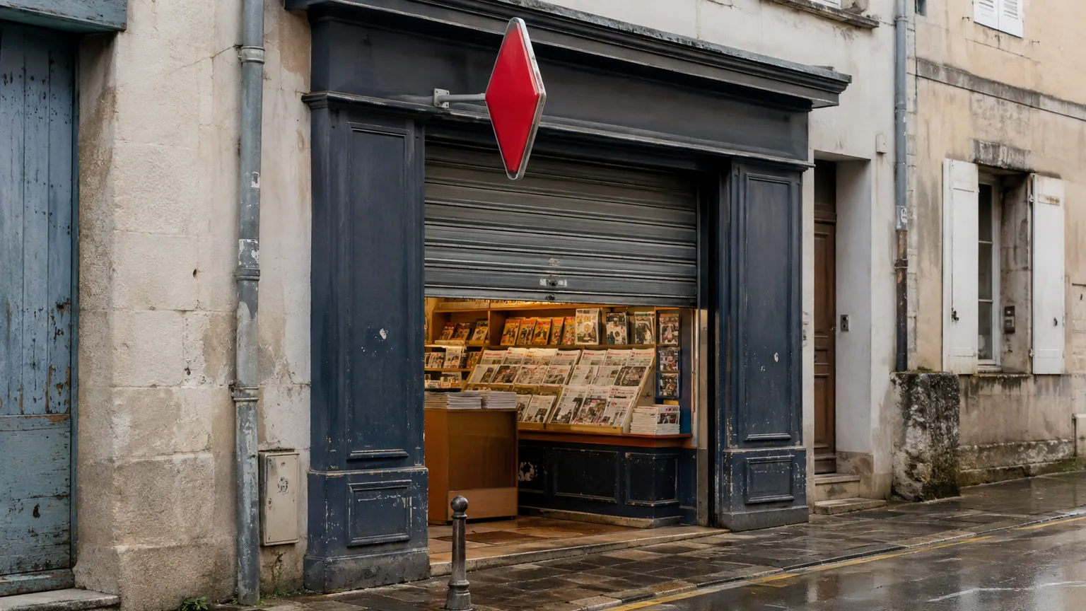 Buralistes face à l'accise — devanture d'un bureau de tabac français au matin, enseigne réglementaire rouge et présentoir de presse derrière le rideau entrouvert.