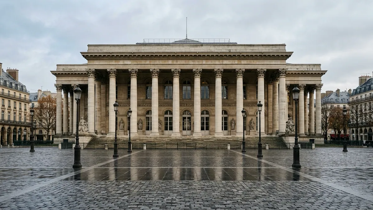 Baisse du CAC 40 à la Bourse de Paris — façade néoclassique et colonnade du Palais Brongniart sous un ciel d'automne, sol pavé humide et réverbères parisiens.