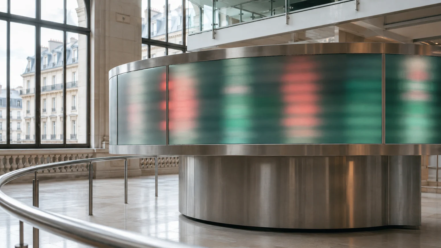 CAC 40 avant l'emploi américain — écran de marché abstrait dans une salle parisienne baignée de lumière matinale.