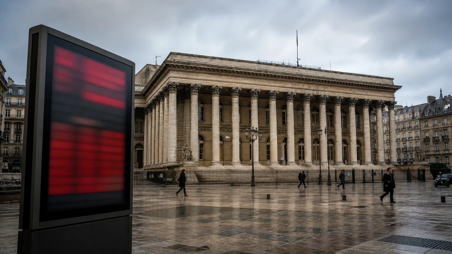 CAC 40 et taux à Paris — façade du palais Brongniart, écran abstrait aux lueurs rouges et passants sur pavés mouillés.