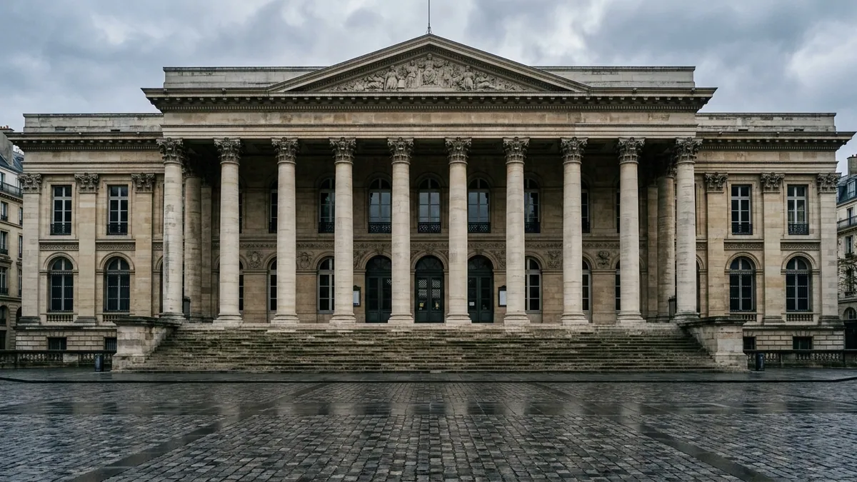 Repli du CAC 40 sous la pression de l'inflation — colonnes néoclassiques et façade du Palais Brongniart sous un ciel d'automne voilé, marches désertes.
