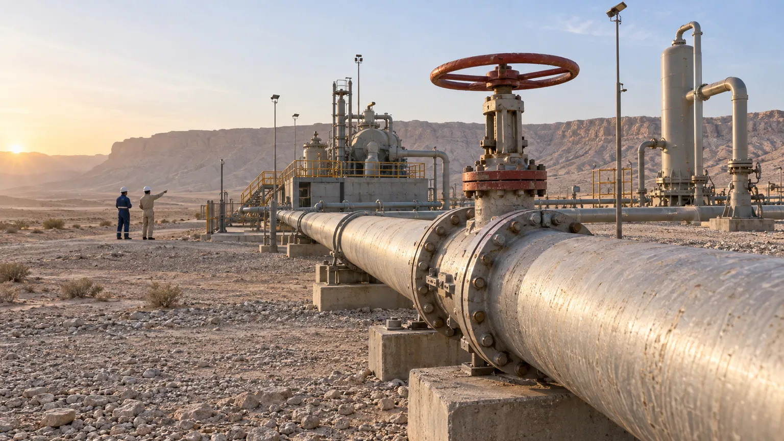 CAC 40, pétrole et IA — oléoduc industriel à l’arrêt dans le désert saoudien, vanne fermée et équipe d’inspection au petit matin.