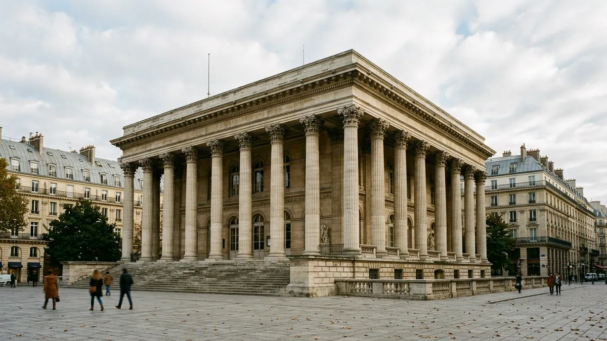 Rebond du CAC 40 à la Bourse de Paris — façade monumentale du Palais Brongniart sous une lumière voilée d’automne, colonnes corinthiennes et marches en pierre.
