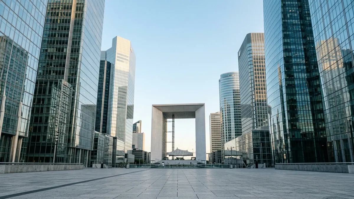 Rebond du CAC 40 à la Bourse de Paris — tours contemporaines en verre et acier de La Défense et Grande Arche au soleil levant sur une esplanade dégagée.