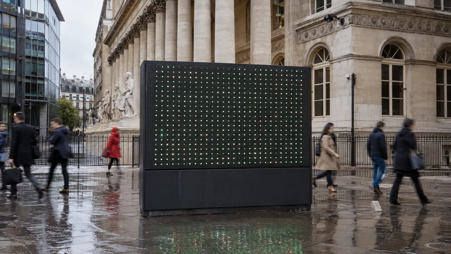 CAC 40 entre technologie et énergie — panneau lumineux abstrait devant les colonnes du quartier boursier parisien, sous la pluie.