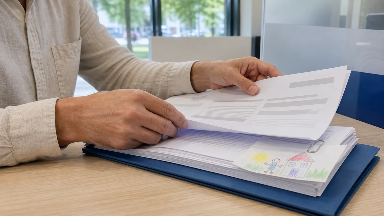Calcul retraite des parents — mains anonymes triant un relevé de carrière à un guichet administratif français, avec un dessin d’enfant accroché au dossier.