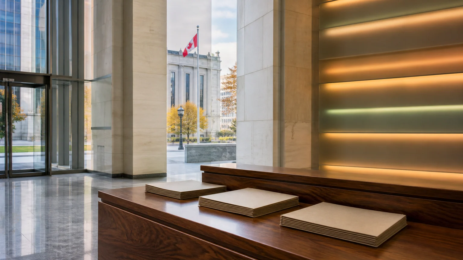 Taux directeur maintenu au Canada — hall bancaire en pierre et verre, comptoir en noyer et drapeau canadien visible à l’extérieur.