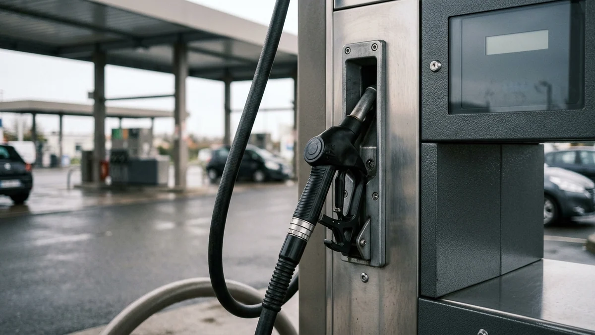 Prix des carburants et soutien ciblé de l'État — pistolet de distribution reposant sur le socle d'une pompe dans une station-service française.