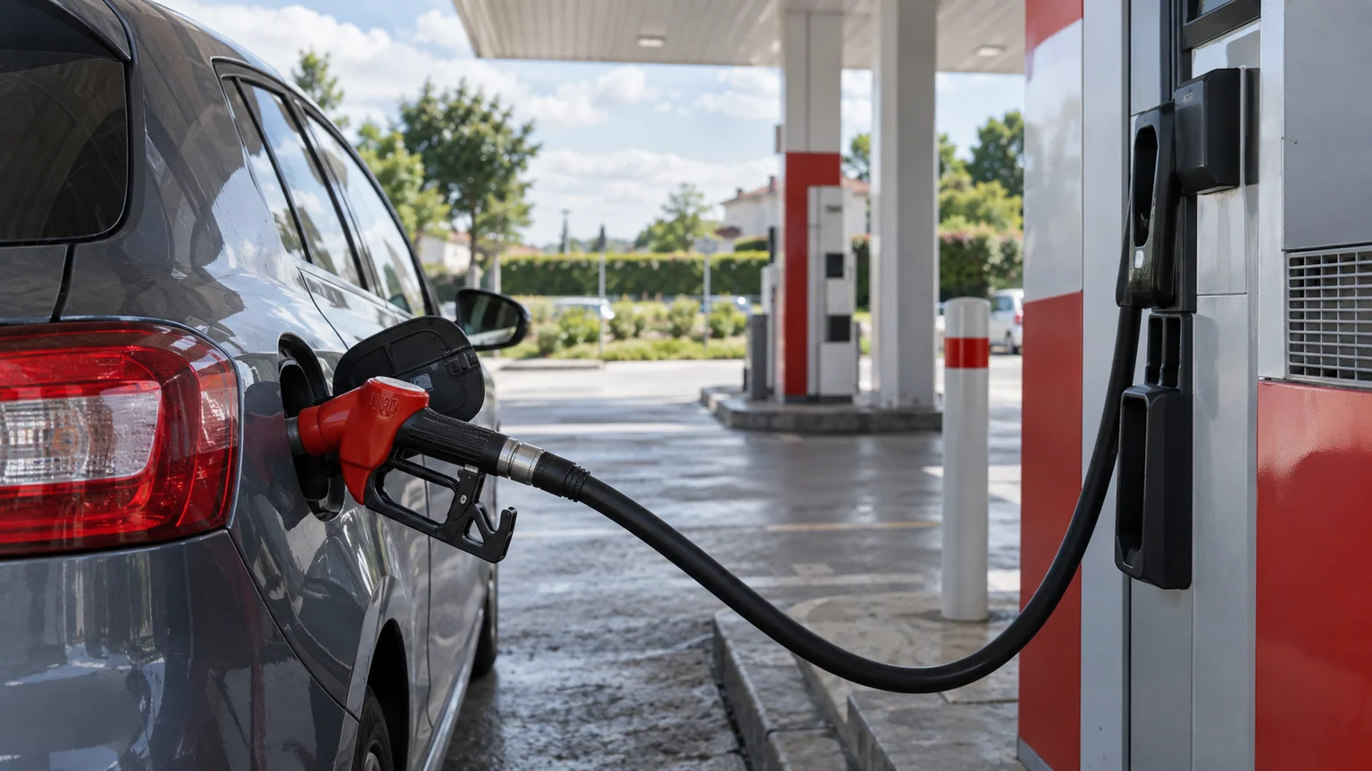 Carburants et coût des CEE — pompe moderne en service dans une station-service française, pistolet engagé dans le réservoir d’une voiture particulière.