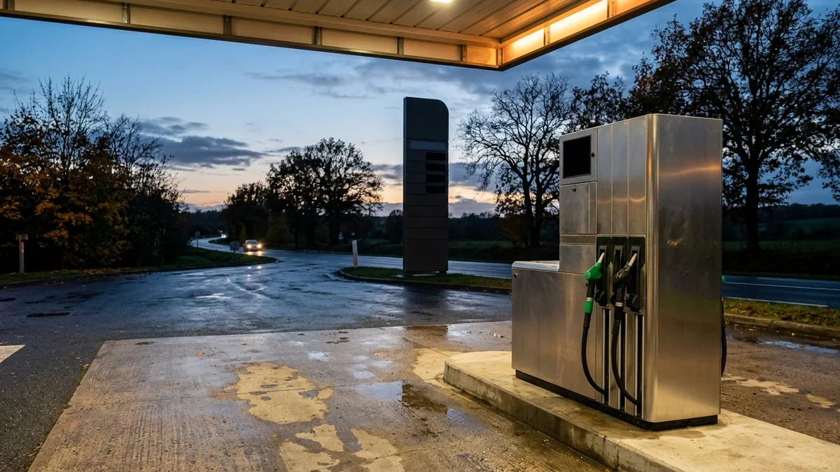 Aides ciblées face à la hausse des carburants — station-service française au crépuscule d'automne, pompes de distribution et totem tarifaire éteint.