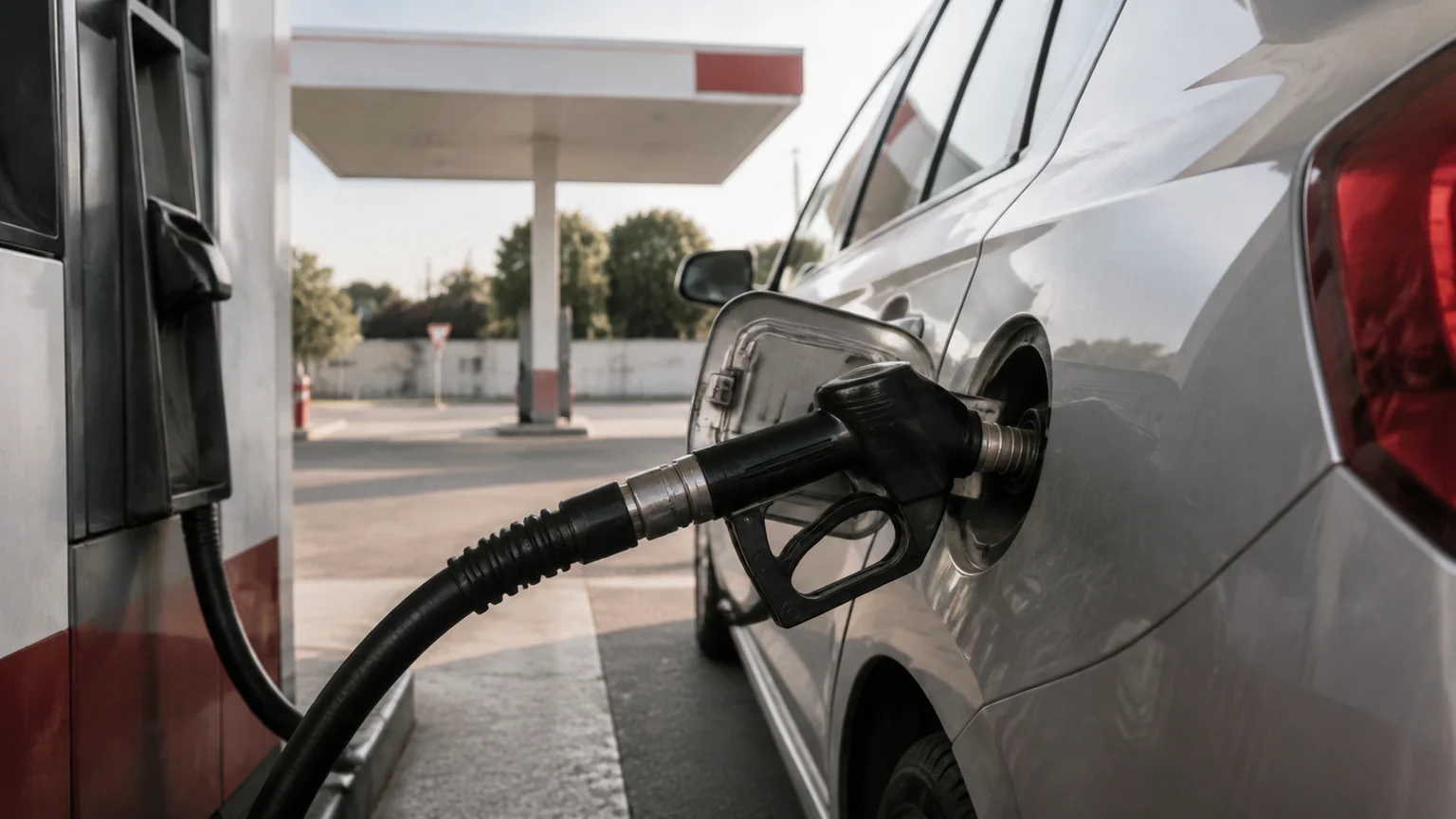 Carburants, scénario autour du prix du gazole — pistolet noir inséré dans le réservoir d'une voiture grise, pompe et auvent d'une station-service française en arrière-plan.