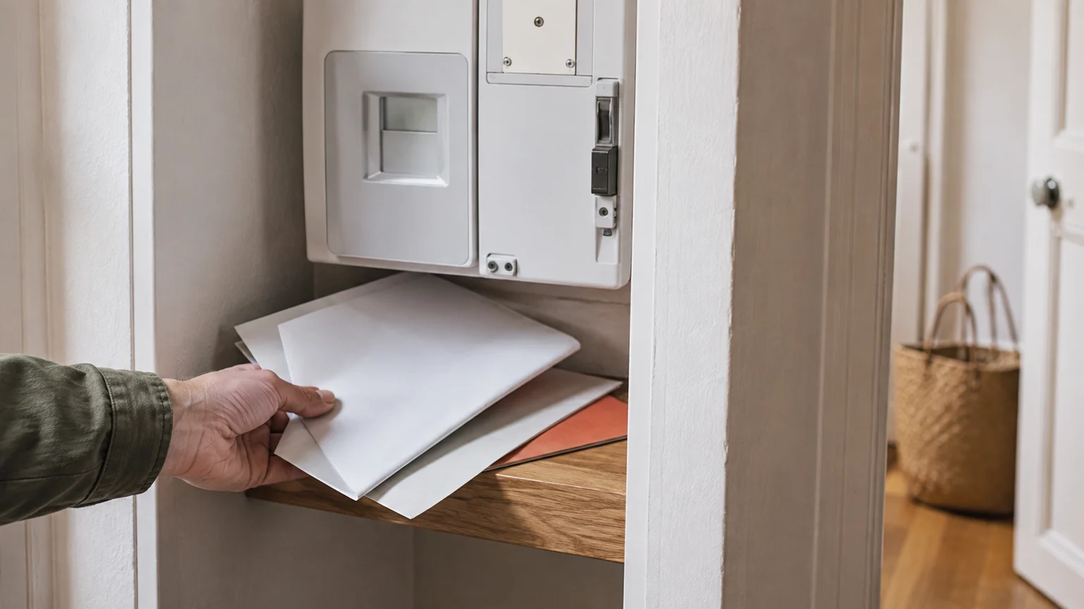 Chèque énergie : demande après courriel — compteur électrique résidentiel et main réunissant des justificatifs sans texte lisible dans un logement français.