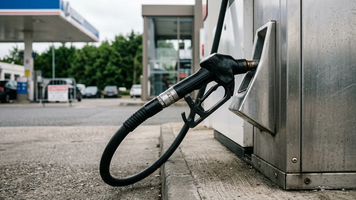 Recul de la consommation des ménages — pistolet de distribution de carburant reposant sur sa borne dans une station-service.