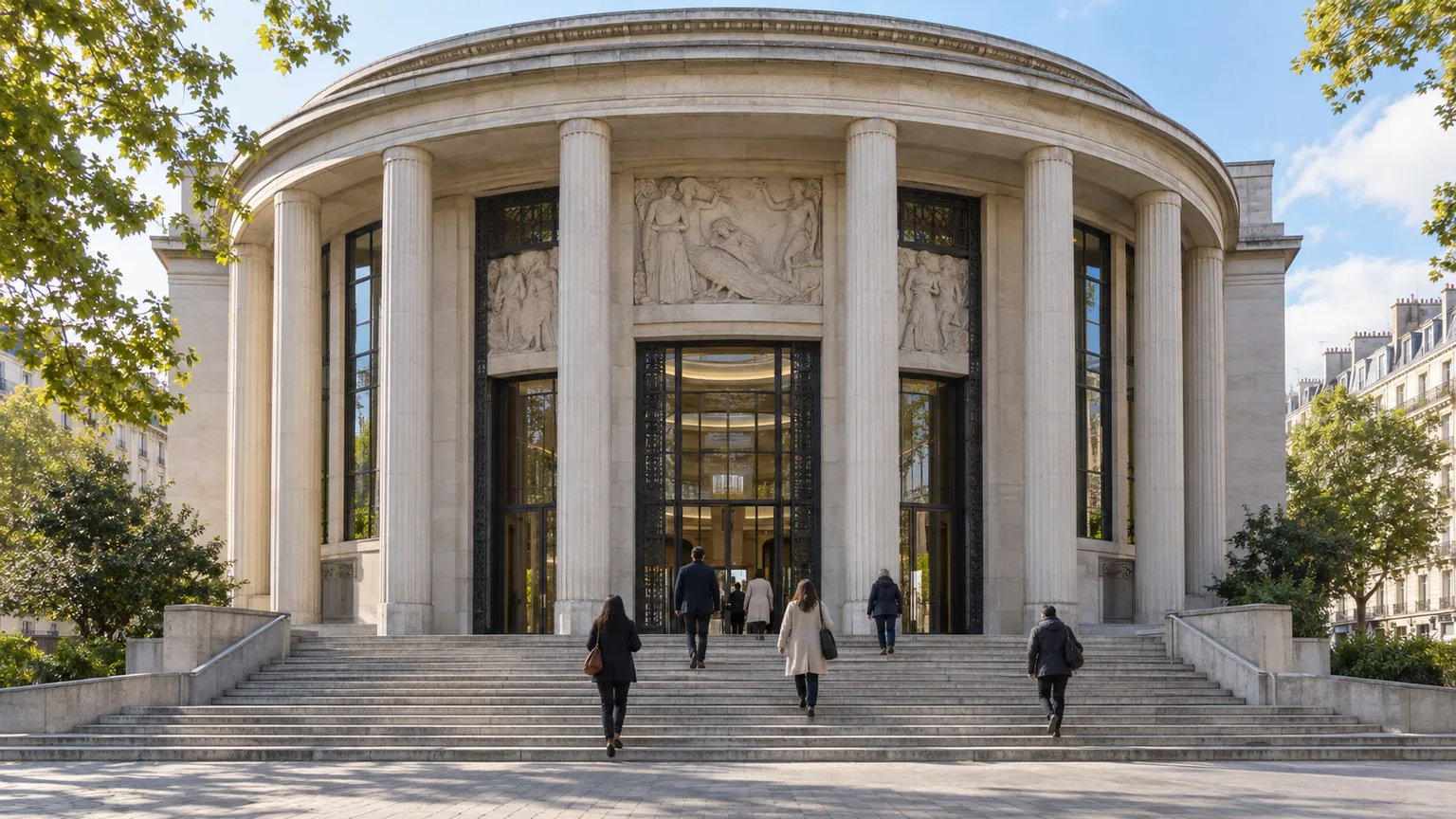 Convention citoyenne sur les finances publiques — façade institutionnelle Art déco à Paris, escalier central et passants anonymes entrant dans le bâtiment.