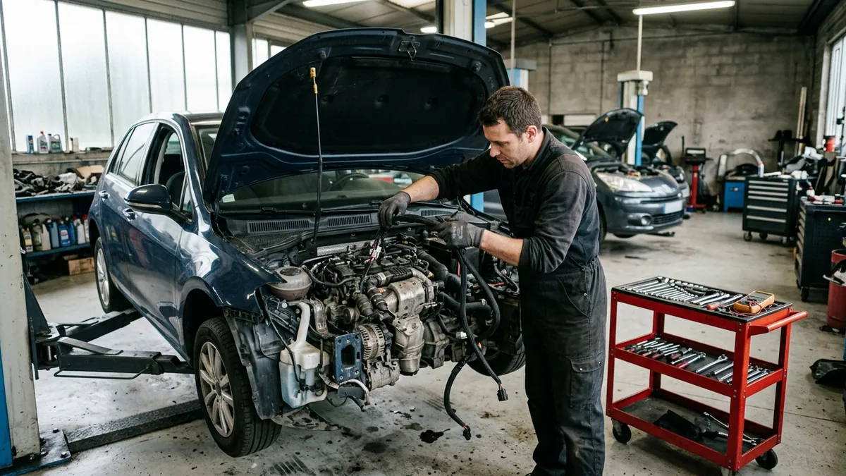 Conversions au bioéthanol en atelier automobile — mains d'un mécanicien installant un faisceau de raccordement dans le compartiment moteur d'un véhicule sur un pont élévateur.