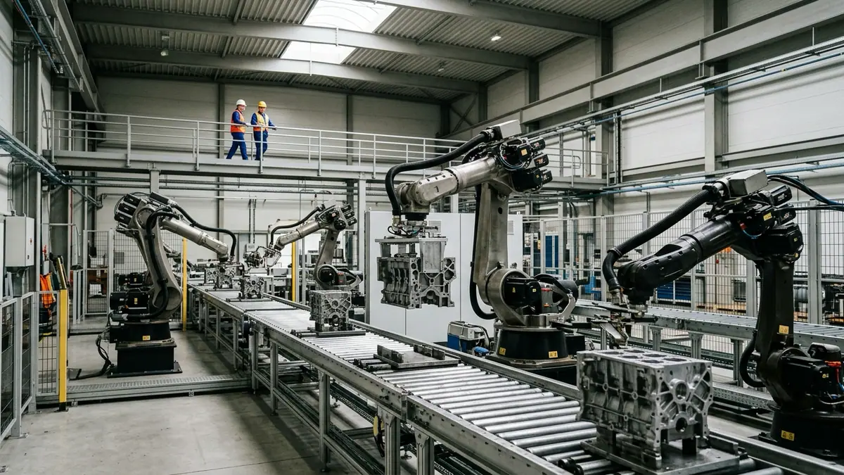 Crédit d'équipement aux entreprises en zone euro — ligne d'assemblage automatisée avec bras robotisés, convoyeur à rouleaux et blocs mécaniques dans une usine.