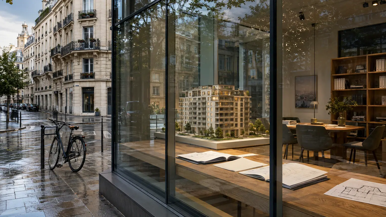 Crédit immobilier : taux en hausse — agence bancaire française vitrée, maquette d’immeuble et dossiers de prêt sur une table.