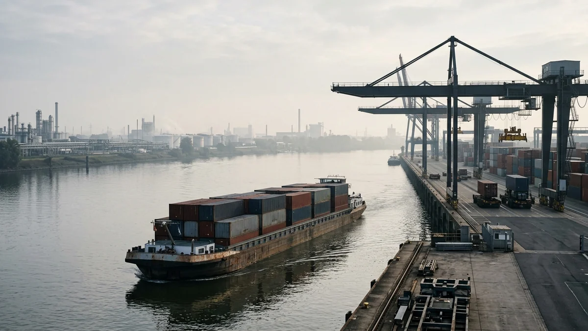 Rebond de la croissance allemande tiré par les exportations — péniche chargée de conteneurs sur le Rhin devant un port fluvial et des usines chimiques dans la brume matinale.