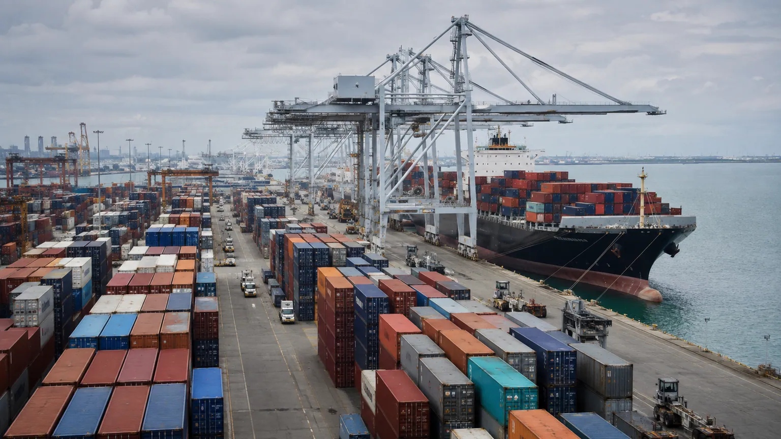 Déficit commercial américain — conteneurs, grues portuaires et cargo à quai dans un port de commerce des États-Unis.
