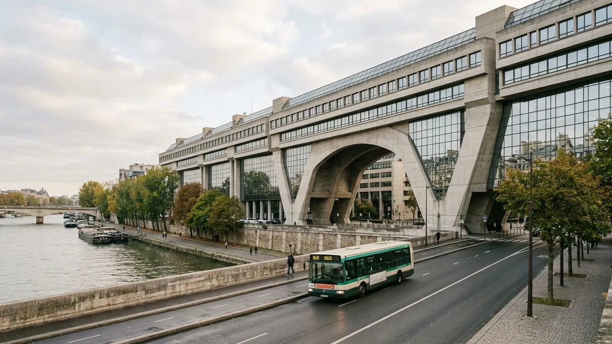 Cible de déficit public pour 2027 — façade monumentale du ministère de l'Économie et des Finances à Bercy en bord de Seine à Paris, avec un bus circulant sur la voie au premier plan.