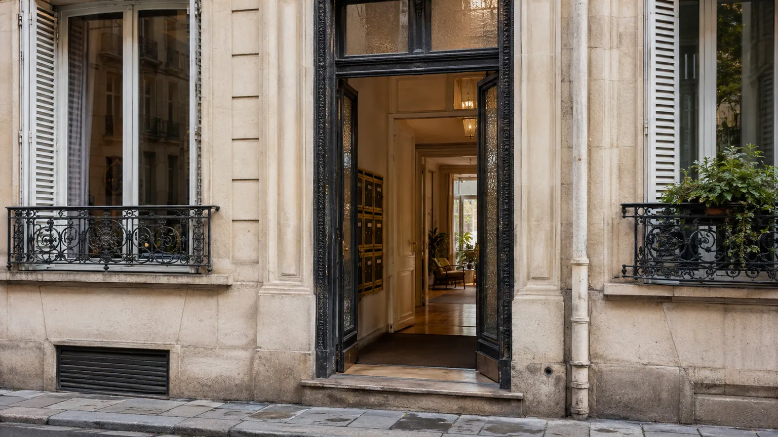 Dépassements de loyers à Paris — entrée vitrée d’un immeuble haussmannien, boîtes aux lettres et appartement visible en journée.