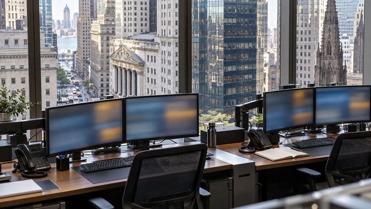 Dette américaine et rendement à dix ans — salle de marché new-yorkaise avec postes obligataires et Financial District visible en plein jour.