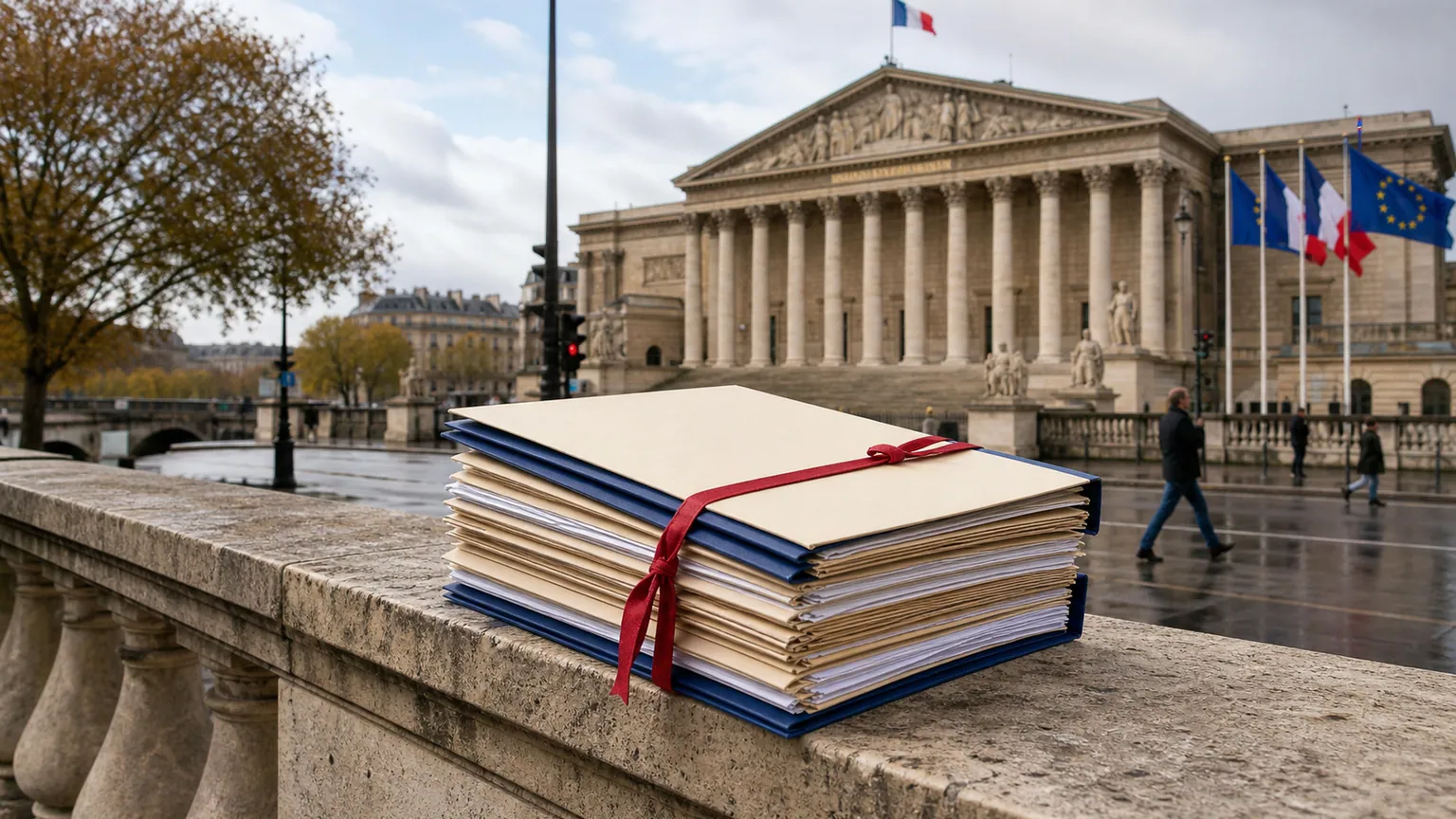 Dette et marge de sécurité — épais dossiers budgétaires fermés devant une façade parlementaire française, drapeaux français et européen visibles.