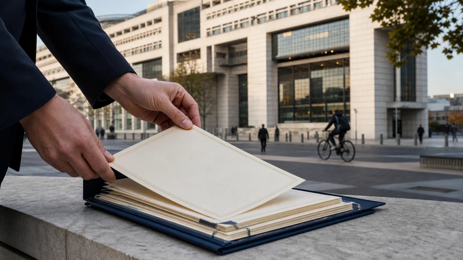 Dette française et hausse des taux — mains anonymes renouvelant des obligations vierges devant une façade institutionnelle parisienne au petit matin.