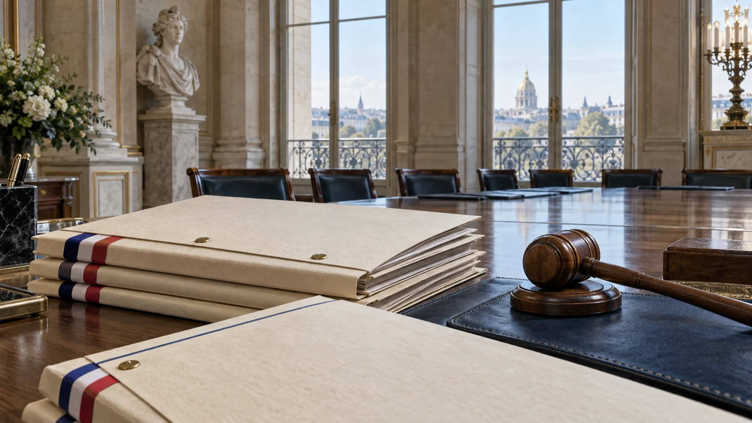 Dette française et taux d'emprunt — dossiers d'obligations tricolores sur une table d'adjudication dans une salle institutionnelle lumineuse.
