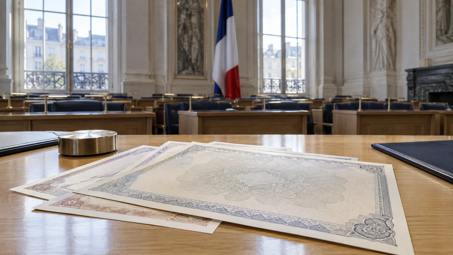 Dette française à dix ans — obligations vierges disposées dans une salle institutionnelle, devant un drapeau tricolore éclairé par la lumière du jour.