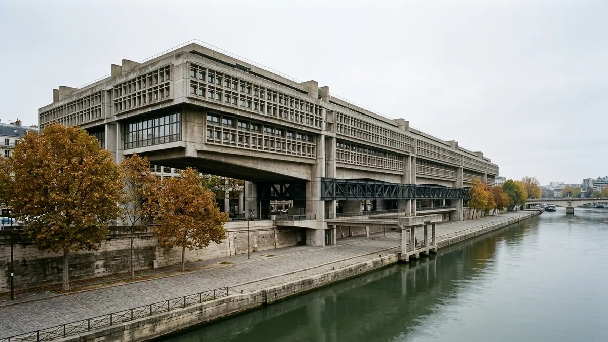 Dette publique de la France — façade monumentale et coursive en béton du ministère de l'Économie et des Finances à Bercy surplombant la Seine, arbres d'automne et quais pavés sous un ciel gris.