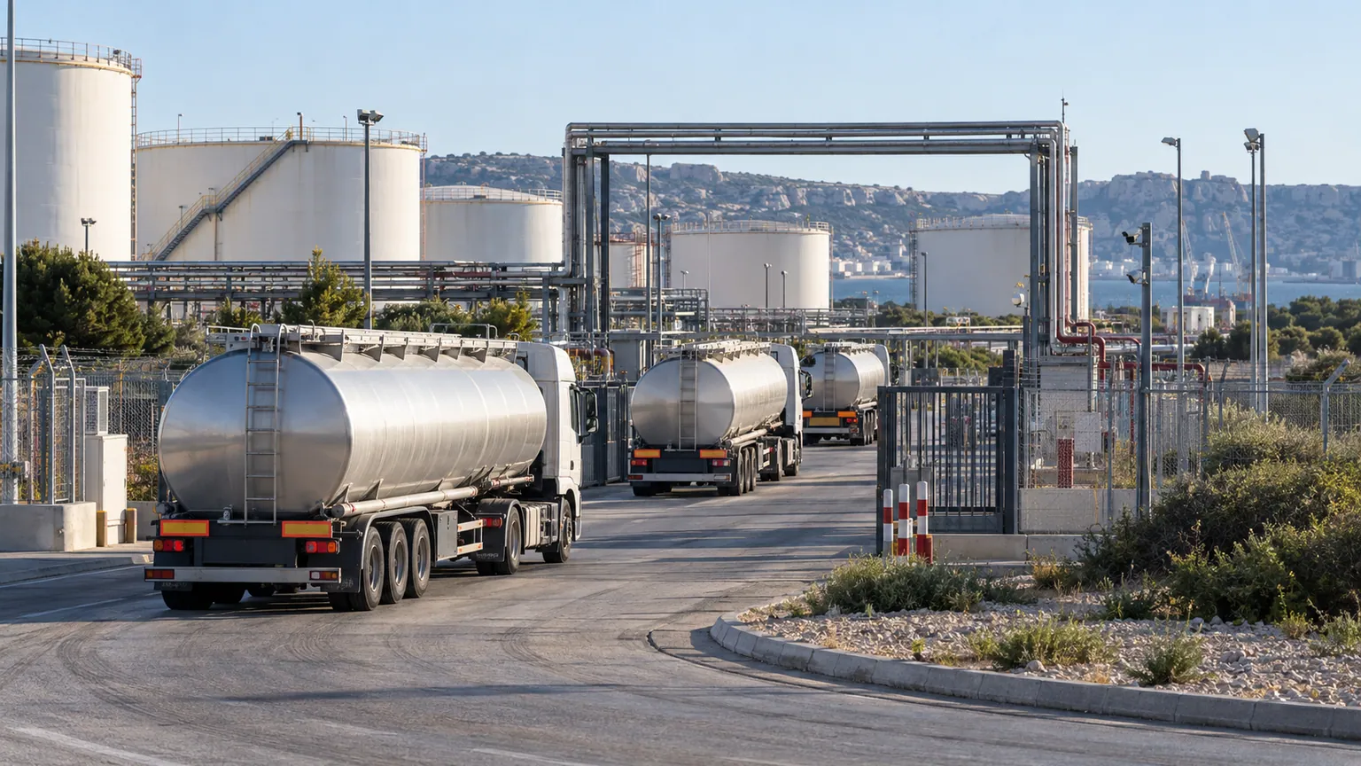 Diesel en hausse en France — trois camions-citernes entrent dans un dépôt pétrolier, entre cuves et portiques industriels.