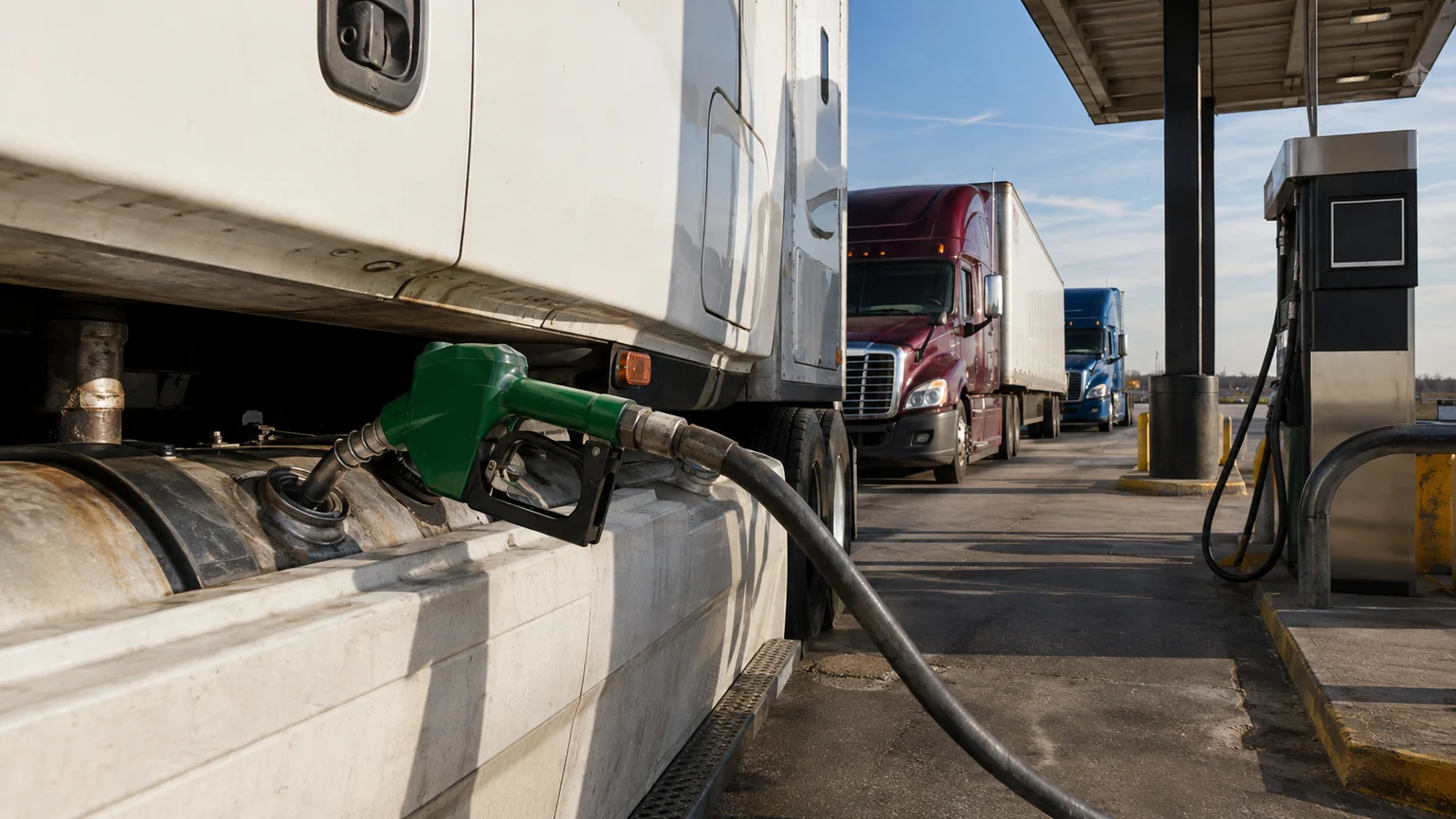 Diesel record aux États-Unis — pistolet vert branché sur le réservoir d’un semi-remorque, avec deux camions en file à une station-service américaine.