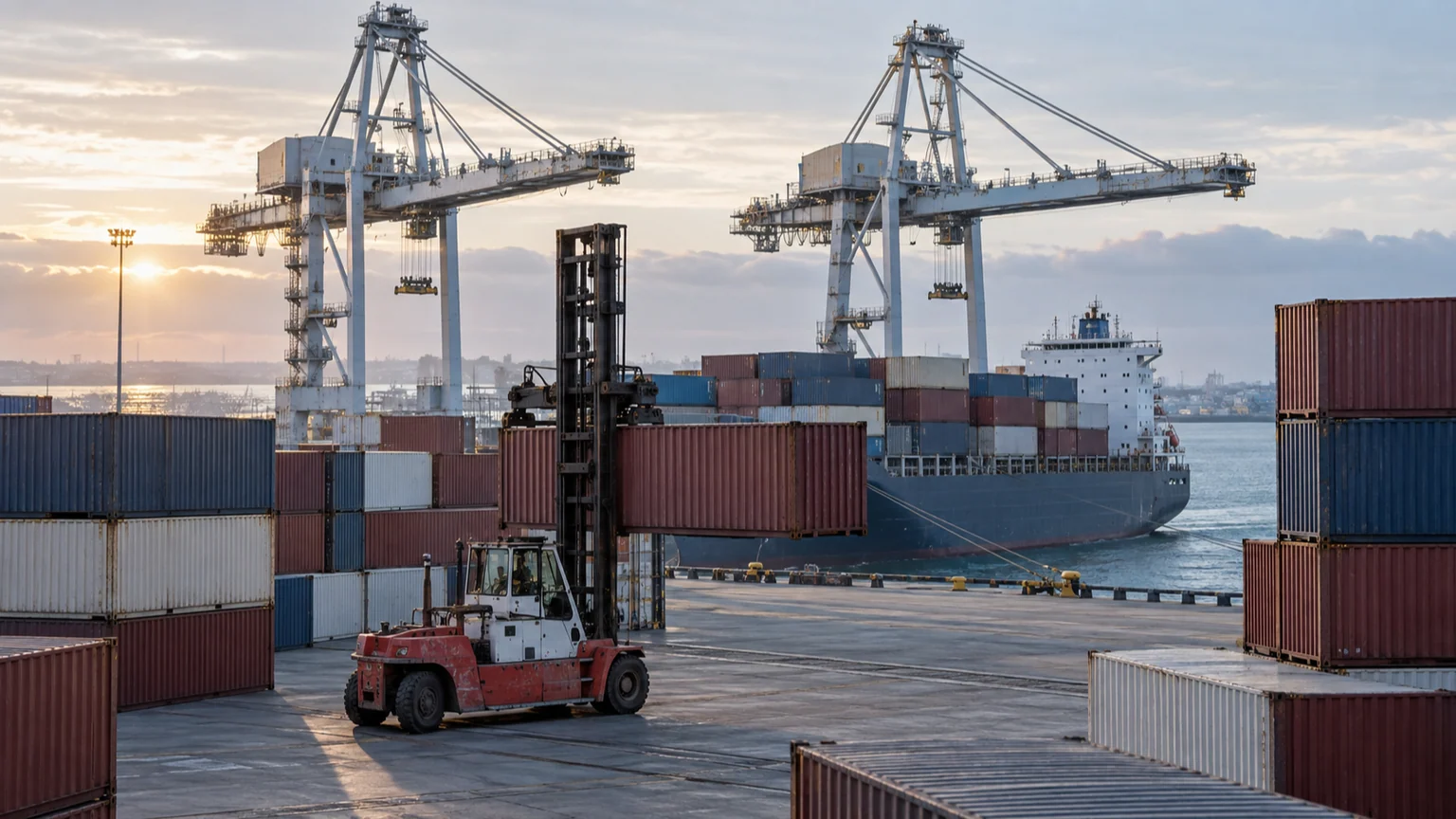 Dividendes français et versement exceptionnel de Bolloré — terminal portuaire au petit matin, conteneurs sans marquage, grues de quai et navire de fret.
