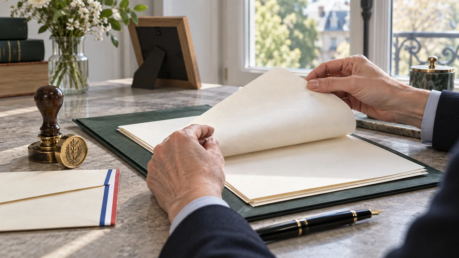 Donations familiales envisagées par Matignon — mains anonymes tournant un acte vierge sur un dossier notarial, avec sceau et enveloppe française.
