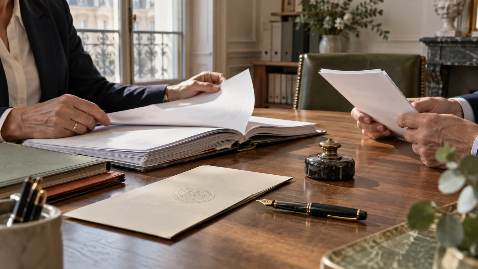 Donations familiales et budget 2027 — dossier de transmission ouvert dans un office notarial français, mains anonymes classant des documents sans texte lisible.