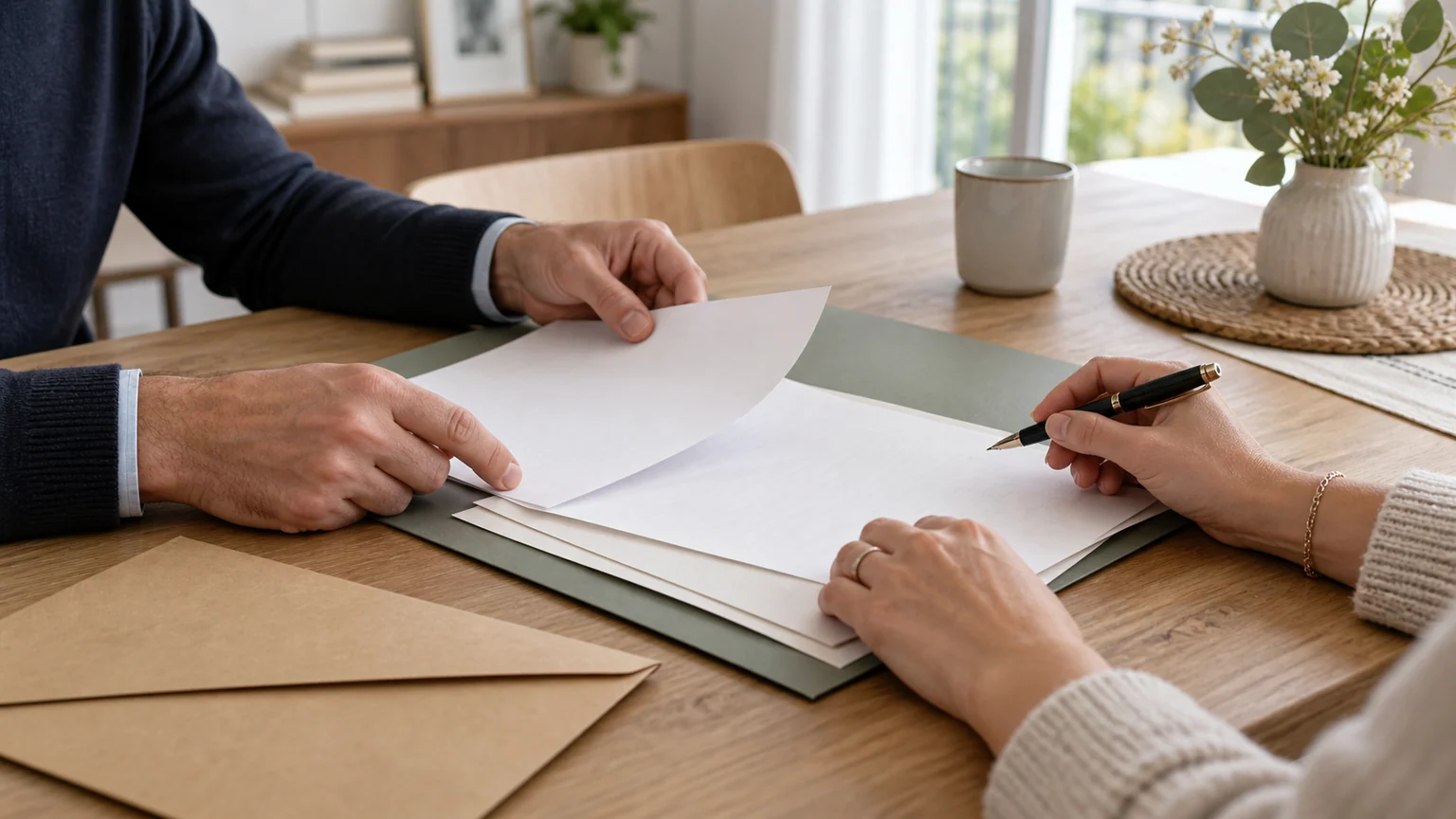 Donations familiales, taux de 6 % encore à l'état de projet — deux paires de mains consultent un dossier vierge sur une table en bois clair.