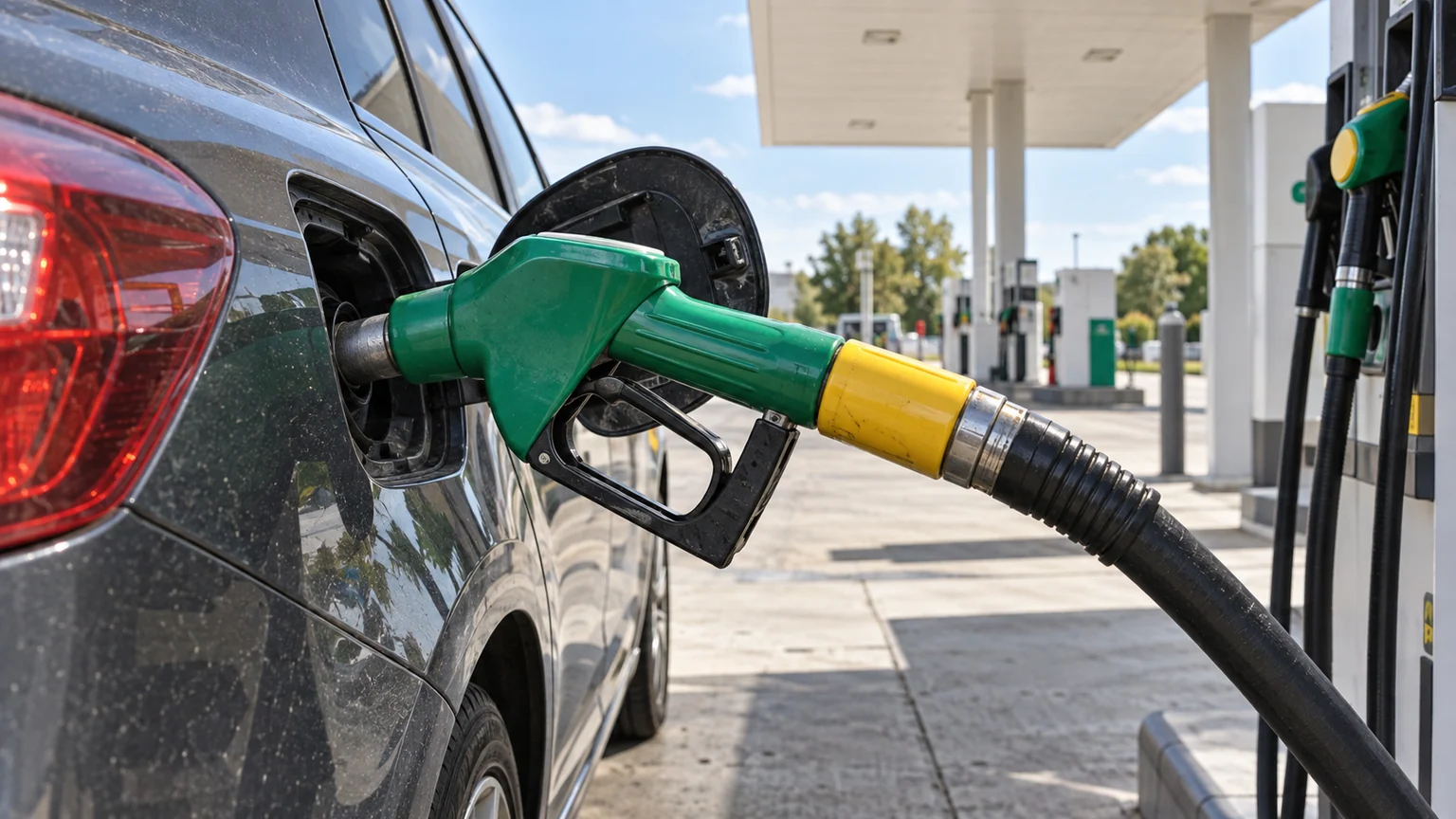 E85 : prix et conversion encadrée — pistolet vert et jaune engagé dans le réservoir d’une voiture à une station-service française.