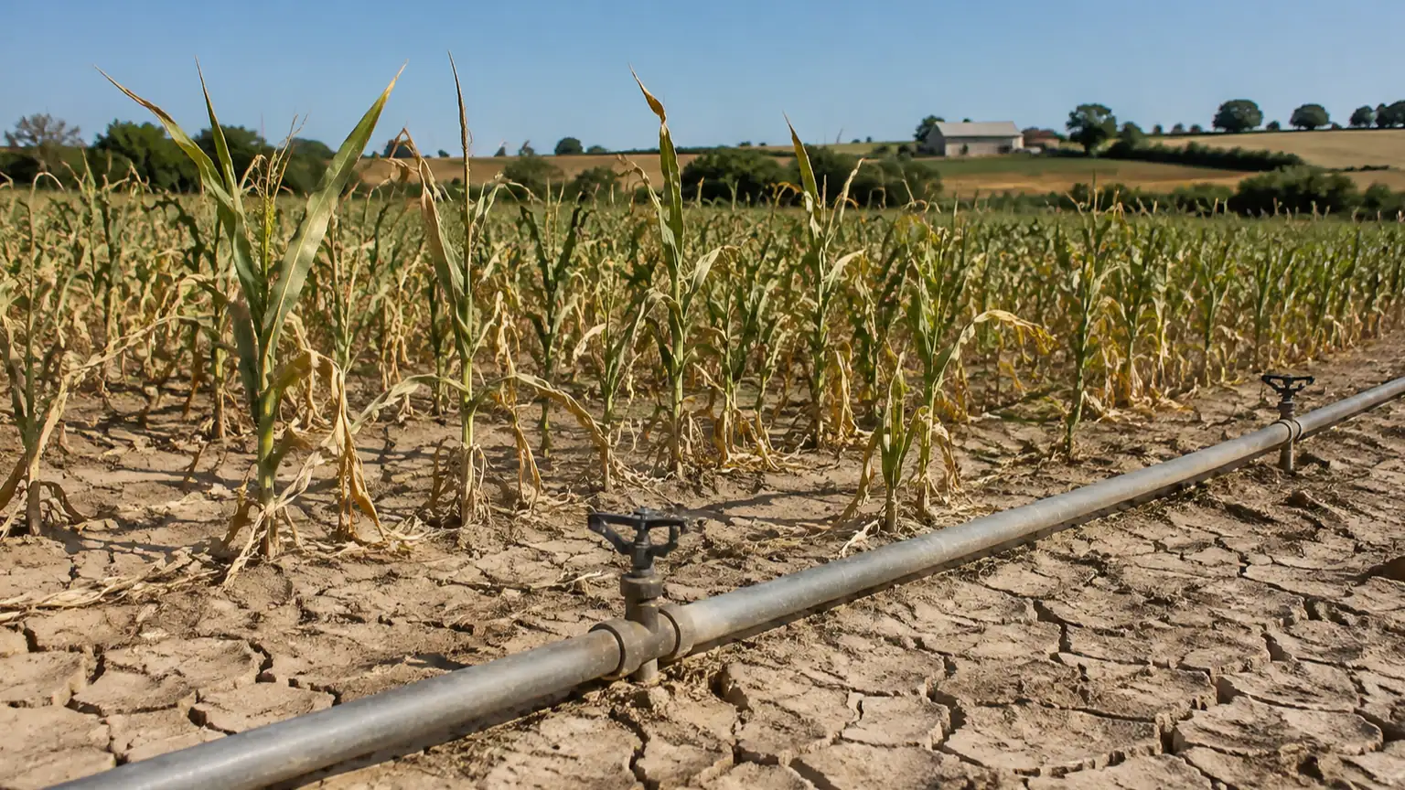 Sécheresse et aides agricoles — rangs de maïs flétris, terre profondément craquelée et conduite d’irrigation arrêtée dans un champ français.