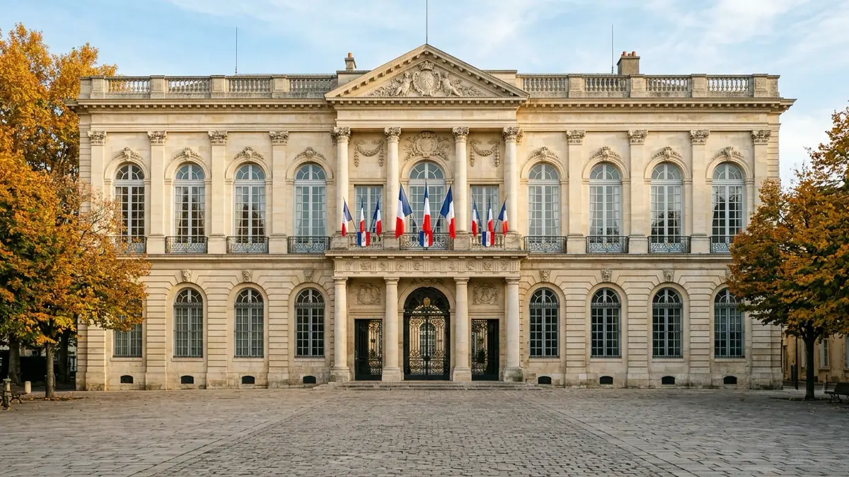 Effort budgétaire demandé aux collectivités — hôtel de ville français en pierre de taille sur un parvis pavé sous une lumière matinale.