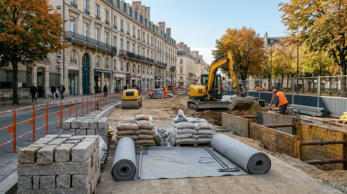 Financement des collectivités locales — chantier public municipal de voirie avec matériaux de pavage et engins de travaux publics.