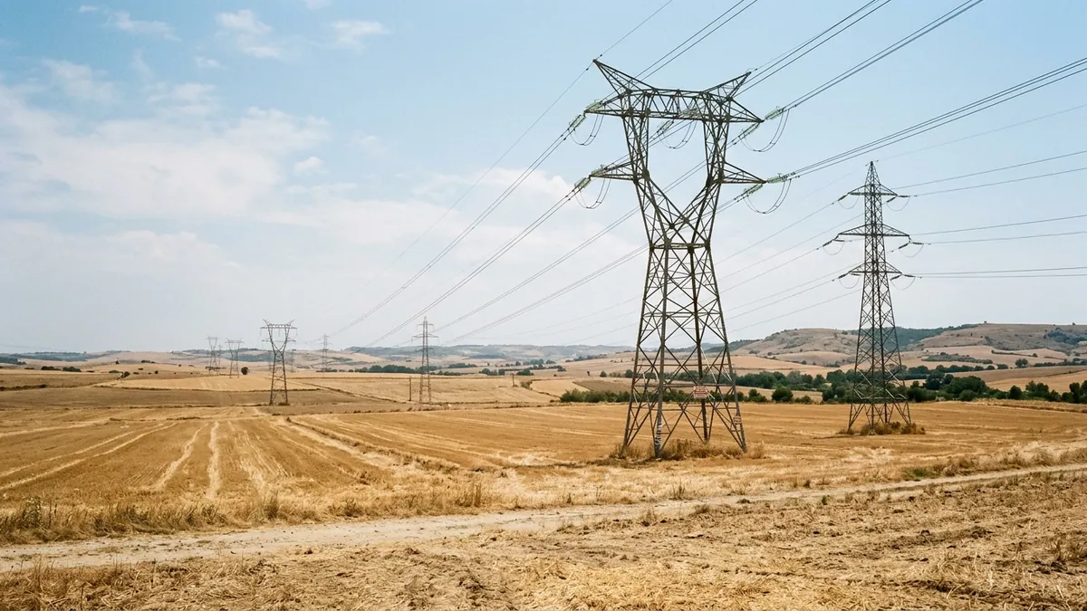 Système électrique français face aux canicules — grands pylônes métalliques à haute tension et câbles traversant une plaine agricole aux herbes sèches sous un soleil d’été.