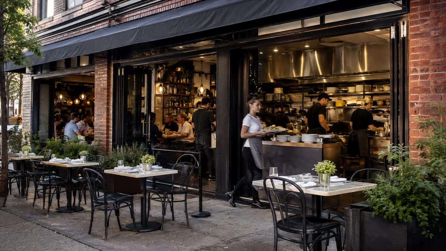 Emploi américain dans la restauration — façade d’un restaurant urbain, cuisine ouverte et serveurs en activité derrière les baies vitrées.