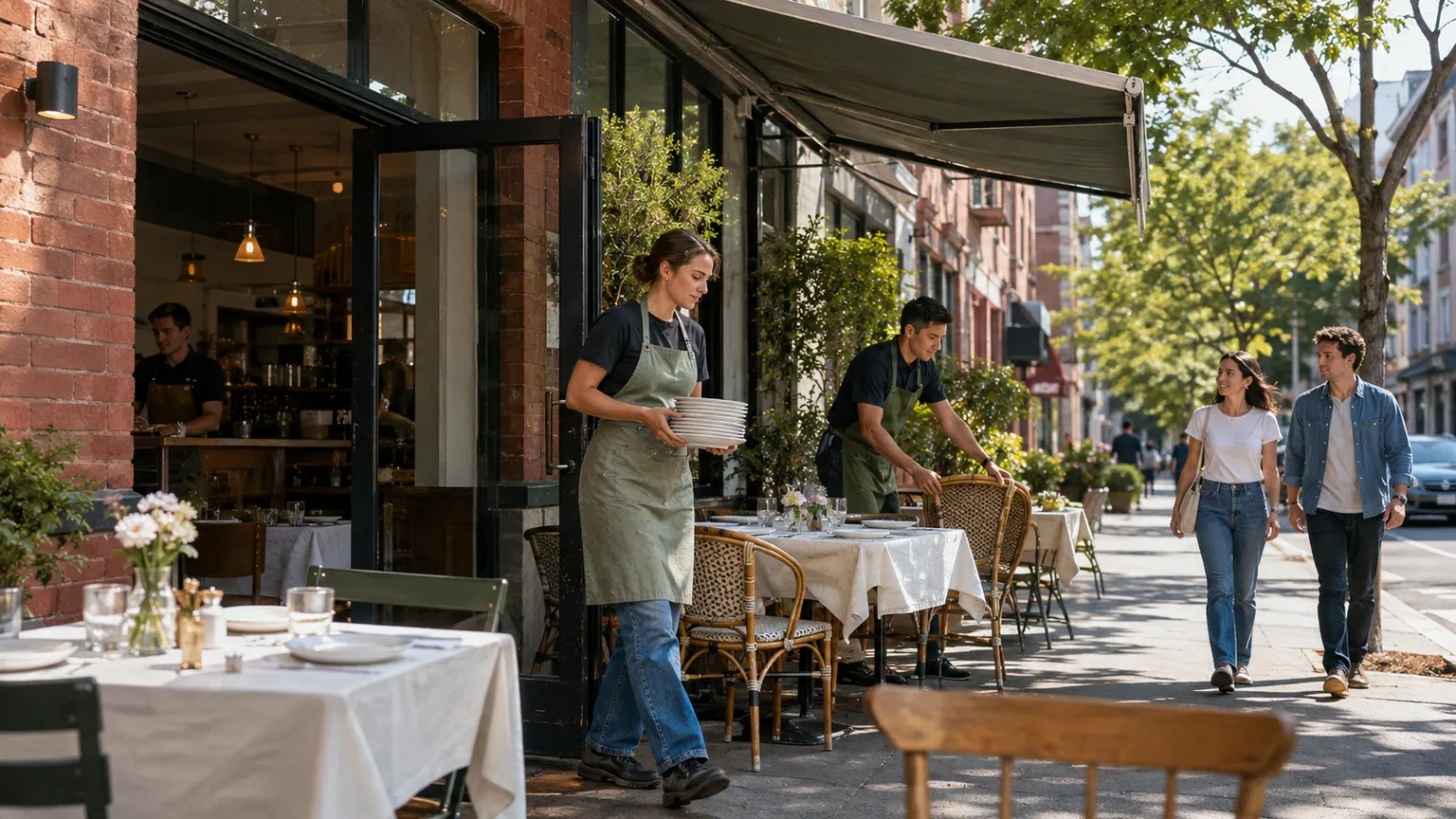 Emploi américain en rebond — employés préparant la terrasse d’un restaurant de quartier aux États-Unis, sous la lumière du matin.
