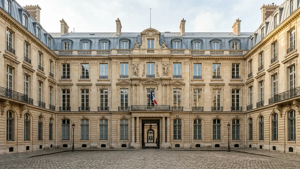 Niches fiscales et finances publiques — façade classique en pierre de taille et cour pavée d'une institution financière à Paris sous un ciel voilé d'automne.