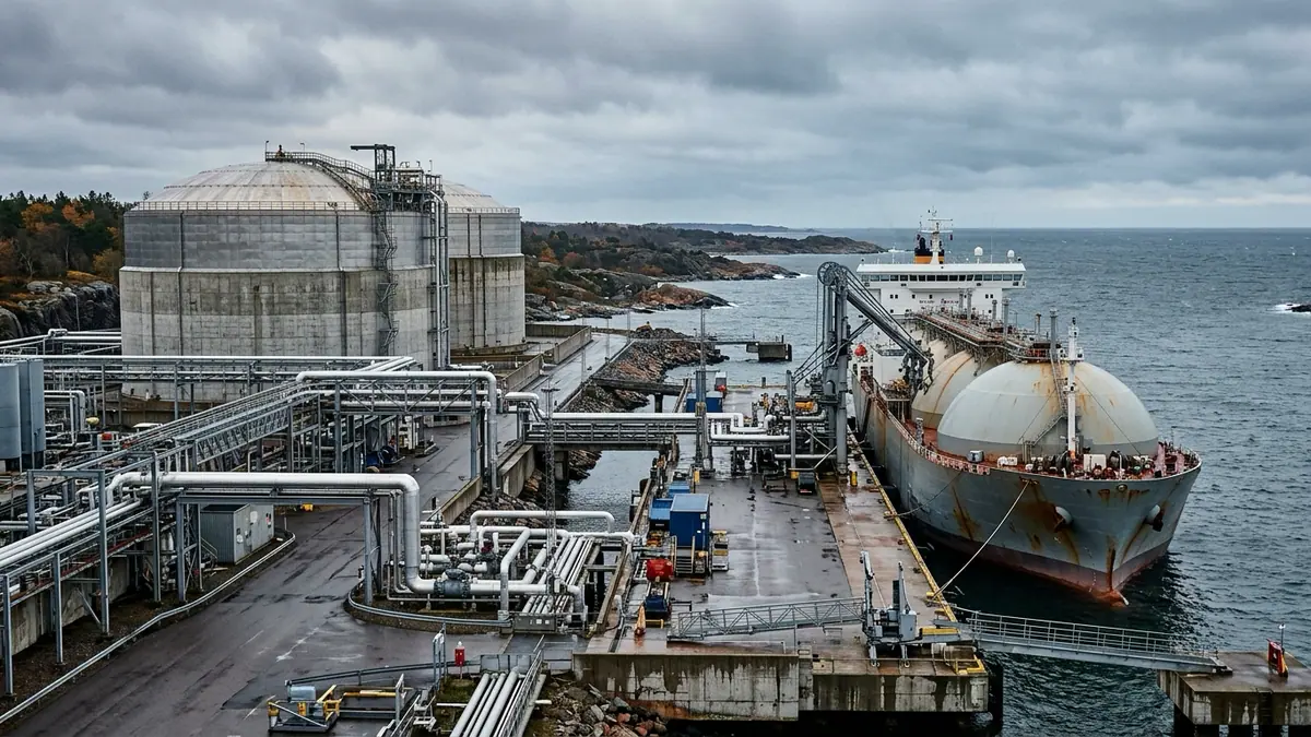 Prix élevés de l'énergie en Europe pour l'hiver — terminal méthanier avec navire amarré, cuves de stockage cryogénique et canalisations sous un ciel couvert.