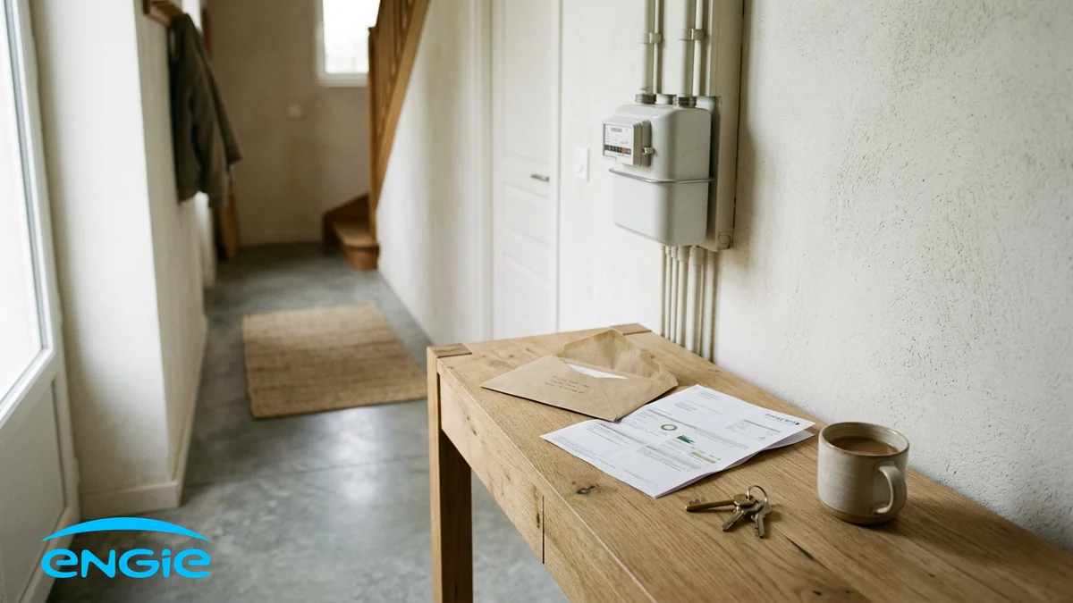 Remise accordée par Engie à ses clients — compteur d'énergie et facture sur une console en bois dans une entrée, avec le logo officiel de l'entreprise en bas à gauche.
