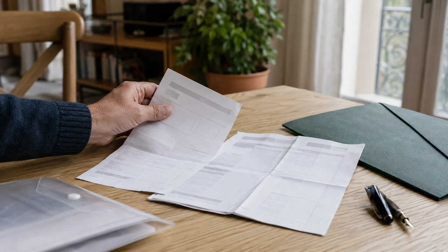 Épargne salariale à l’étude — une main trie des bulletins papier sans montant lisible sur une table en bois, près d’un dossier vert.