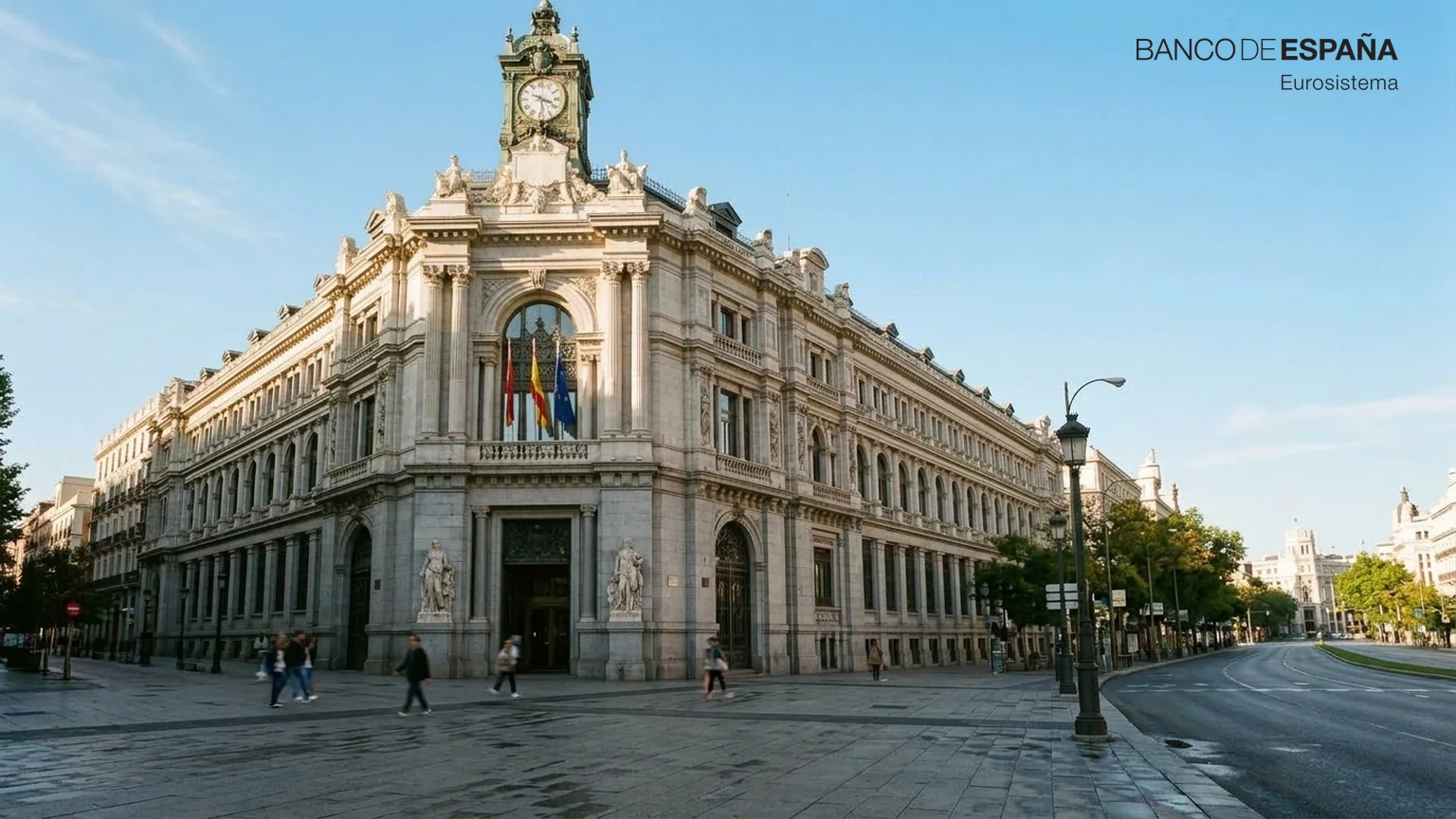 Dette publique espagnole ramenée sous 100 % du PIB — façade néoclassique de la banque centrale à Madrid et logo officiel de l'institution en haut à droite.
