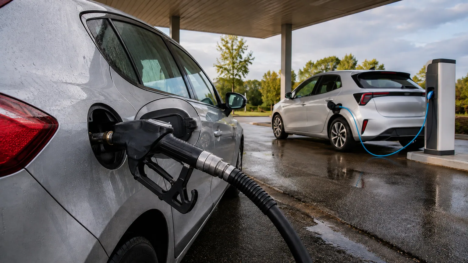 Budget énergie essence et électrique — pistolet de carburant sur une voiture grise, véhicule branché à une borne dans une station française.